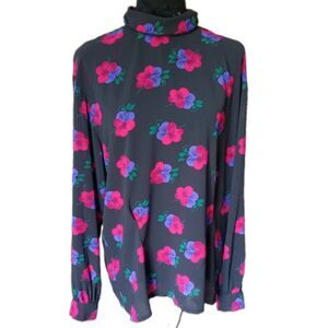 Miss Sophisticates By Pendleton Women's L Black Sheer Blouse Floral Design, Vtg